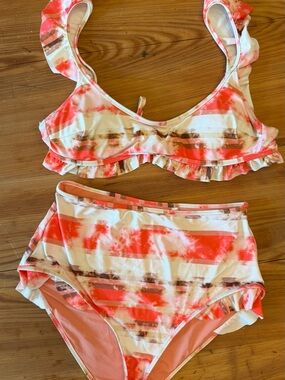 Ruffled Two-Piece Bikini Set in Coral and Cream